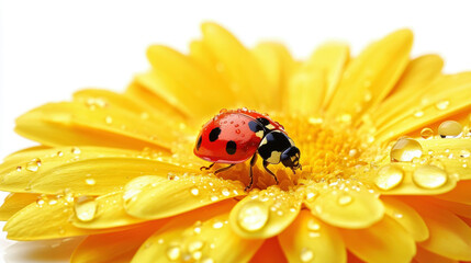 ladybug on yellow gerbera flower with water drops, white background