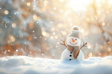 Christmas greeting card with bright winter holiday snowman and New Year background