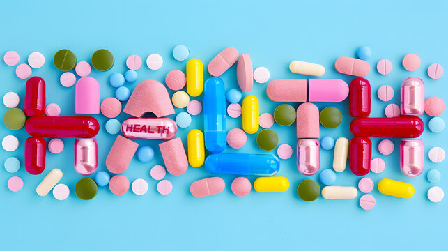 Colorful pills spelling out HEALTH