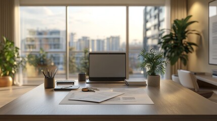 The real estate transaction scene inside a modern apartment, with documents and keys on the table. Using soft lighting and soft colors, presenting a minimalist style.