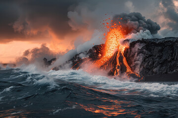 Generative ai on theme of erupting volcano with cascading hot lava surrounded thick white smoke