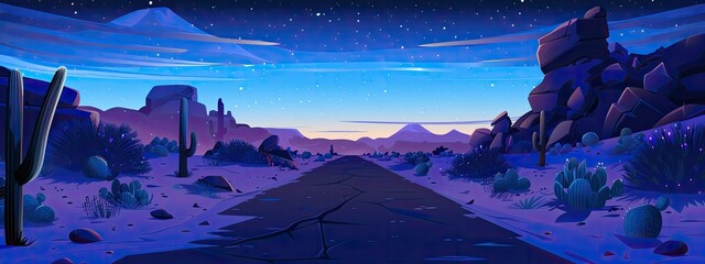 The night landscape of the American desert with an asphalt road, rocks and cacti. Cartoon illustration.