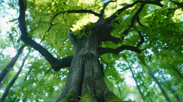 Low-angle shot of a tree with sprawling roots,