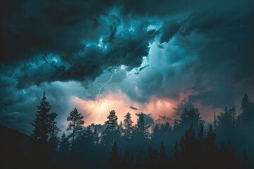 Fototapeta premium Generative ai on theme of scary bright electric lightning bolt with branches in the night dark sky