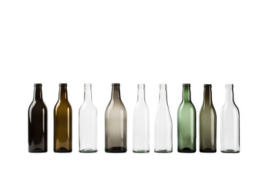 A Row of Empty Glass Bottles Against a White Background on a White or Clear Surface PNG Transparent Background.