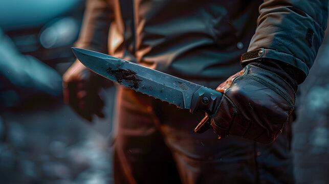 Person in leather gloves holding knife