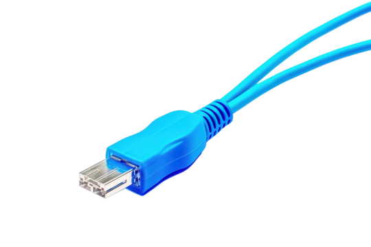 A Vibrant Blue USB Cable Ready for Connectivity on a White or Clear Surface PNG Transparent Background.