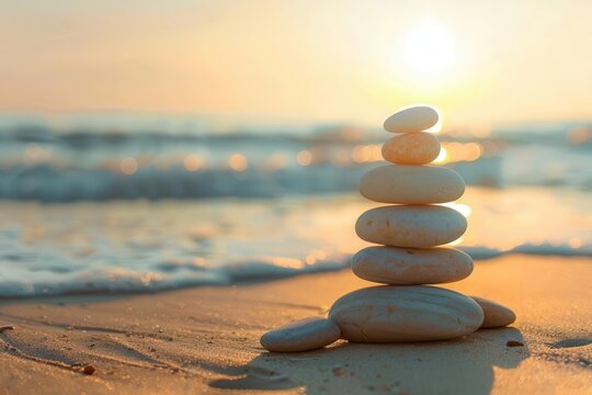 serene beach scene with balanced stack of smooth zen stones golden hour sunlight gentle waves long shadows creating peaceful and meditative atmosphere