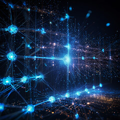 Fototapeta premium ech backdrop featuring glowing fiber optic links, quantum computing network, and electronic global intelligence