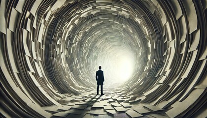 A person standing at the entrance of a surreal tunnel made of layers of paper