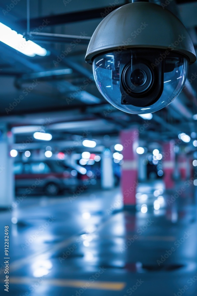 Poster a surveillance camera installed in a parking garage, providing security and monitoring