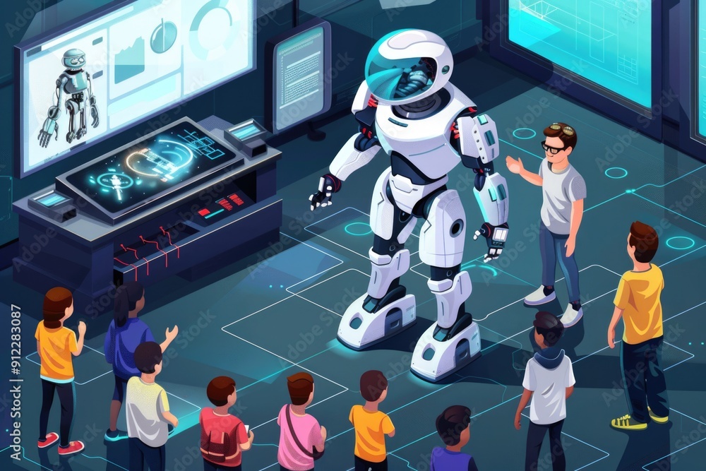 Poster A group of people surrounding a robotic device, ideal for tech-related uses