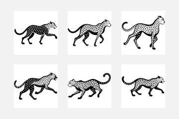 Cheetah silhouette art on white background set
