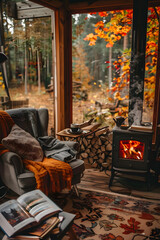 Cozy reading nook by fireplace. Plush armchair with throw blanket. Steaming mug on side table. 