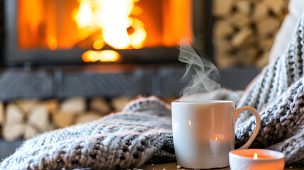 Cozy reading nook by fireplace. Plush armchair with throw blanket. Steaming mug on side table. 