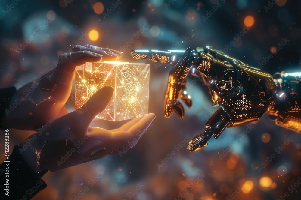 Aufkleber A robotic hand holds a crystal cube, highlighting its precision and ability to handle delicate objects