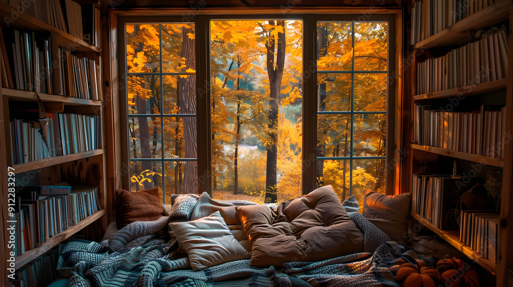 Poster cozy reading nook with autumn view from large window