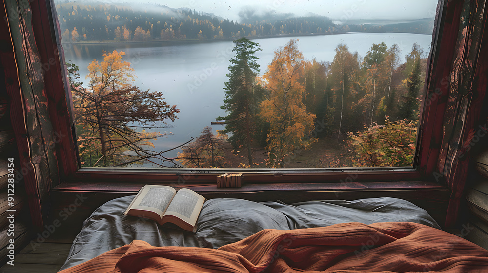 Poster cozy reading nook with autumn view from large window