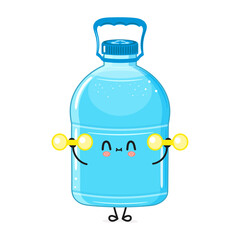 Cute funny Plastic Water Bottle character with dumbbells. Vector hand drawn cartoon kawaii character illustration icon. Isolated on white background. Plastic Water Bottle character gym concept