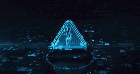 Electric power danger warning and energy hologram symbol appears on a digital background. Network, cyber technology and computer abstract concept 3d animation.