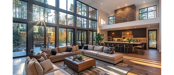A large living room with a fireplace and a kitchen