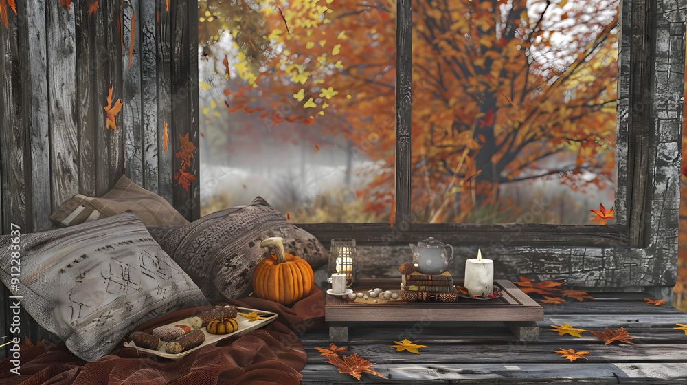 Poster cozy reading nook with autumn view from large window