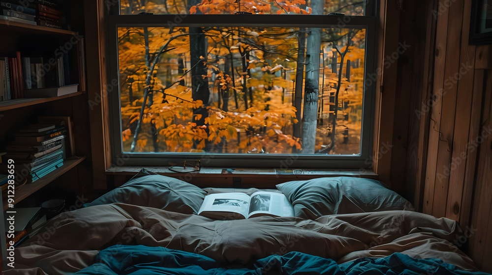 Poster cozy reading nook with autumn view from large window