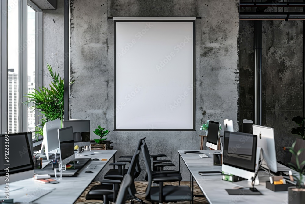 Poster modern office workspace with blank projection screen