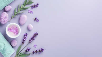 A soothing spa setting featuring a minimalist design in calming purple tones, ideal for promoting wellness and relaxation with generous copy space.
