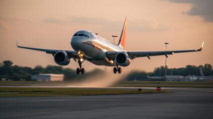 Airplane Taking Off at Sunset