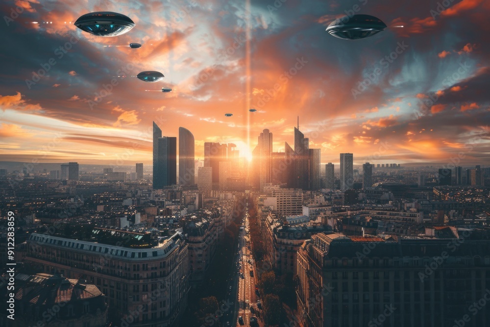 Poster aerial view of a city at sunset with multiple flying saucers in the sky