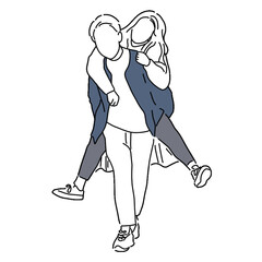 【手書きイラスト】カップル 男性 女性 おんぶ