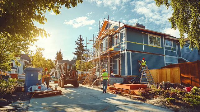 Construction workers building a house on a sunny day, showcasing teamwork and progress in a modern neighborhood.