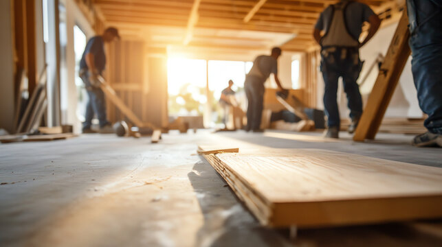 Construction workers building a wooden framework in a sunlit room, showcasing teamwork and craftsmanship in progress.