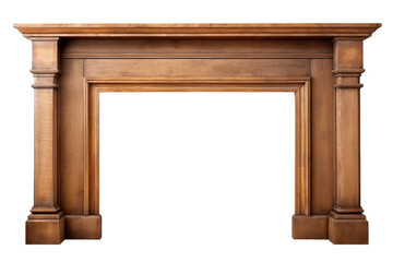 Ornate Wooden Fireplace Mantel Against a White Background on a White or Clear Surface PNG Transparent Background.