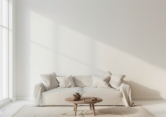 Minimalist Living Room with White Sofa and Wooden Coffee Table