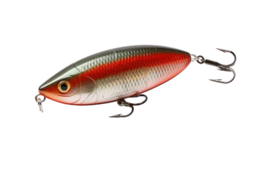 A Red and Silver Fishing Lure Ready for a Catch on a White or Clear Surface PNG Transparent Background.