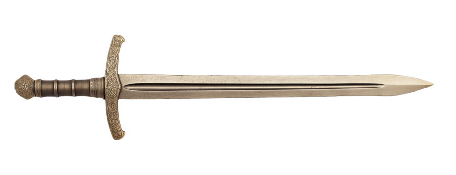 old medieval royal sword, antique weapon with golden rust metal. isolated on transparent white background. cut out