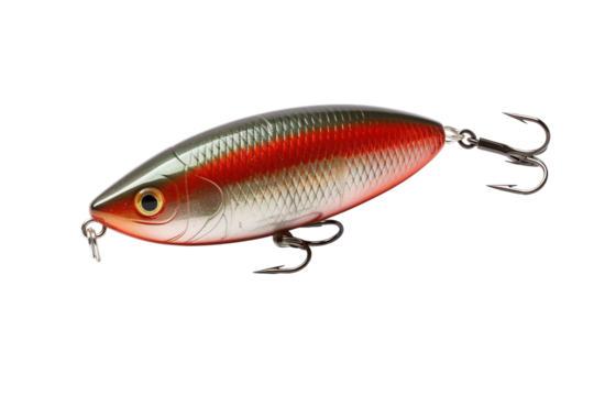 A Red and Silver Fishing Lure Ready for a Catch on a White or Clear Surface PNG Transparent Background.