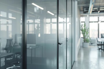 Modern Office Interior with Frosted Glass Doors and Black Frame