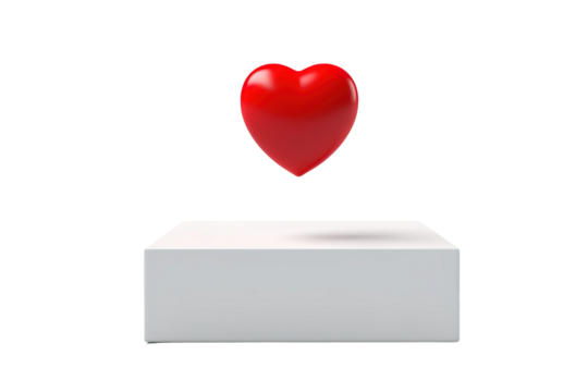 A Red Heart Floating Above a White Platform on a White or Clear Surface PNG Transparent Background.