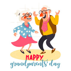 Illustration of happy grandparents day card in cartoune style. Banner featuring happy retirees dancing for congratulations