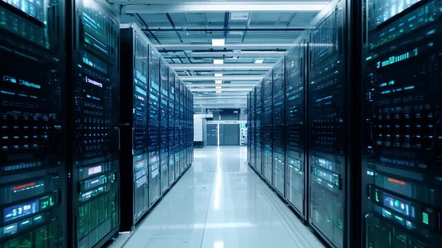Rows of powerful servers illuminate the sleek, organized data center, highlighting cutting-edge technology and efficient cooling systems.