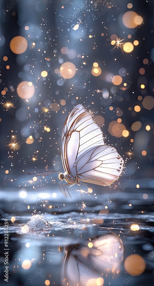 Poster a captivating white butterfly emerging from water with a sparkling bokeh background