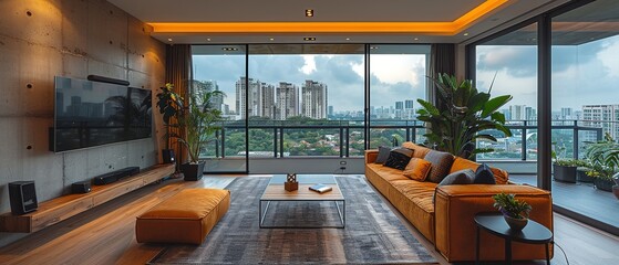 Fototapeta premium A large living room with a couch, coffee table, and potted plants