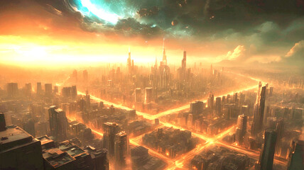 Cosmic vortex over a large city. A gritty, high-contrast cinematic keyframe with a shallow depth of field, featuring a blurred background and a subject in focus, evoking a sense of intimacy and drama.