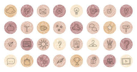 Collection of stories highlight covers round icons for social media. Love, food, travel, weather, questions, parties, education, money, chat, contacts. Vector illustration.