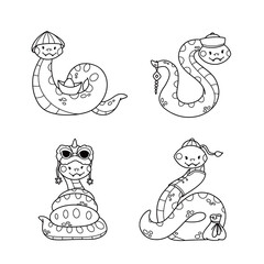 Cute snake character collection, Chinese zodiac symbol, cheerful and happy, 2025 new year animal, black outline contour, vector illustration