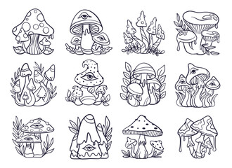 Trippy psychedelic mushroom element collection, black and white outline doodle sketch hand drawn style, vector illustration 