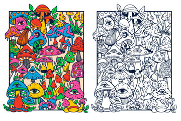 Trippy psychedelic mushroom adult colouring page with colored version, cute doodle sketch hand drawn style, vector illustration